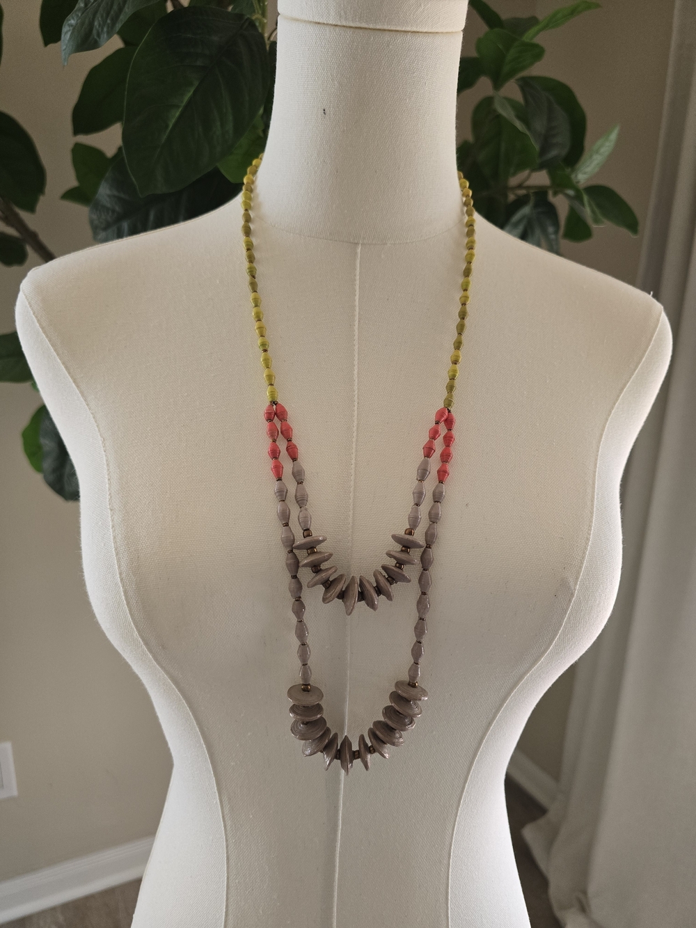 Multi-Strand Beaded Necklace in Yellow-green, Coral and Taupe